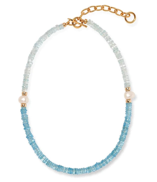 Gold-plated brass, sky blue and deep blue topaz, freshwater pearl necklace.