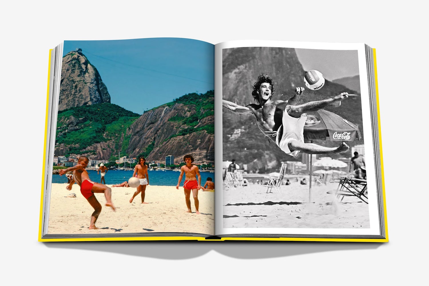 The Assouline "Rio De Janeiro" book shows photos of people playing beach volleyball; the left page is in color, while the right page features a black and white scene with mountains and Carnival festivities in the background.