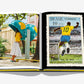 Open book from Assouline’s "Rio De Janeiro": left page shows a woman at a public phone; right features a Brazilian stamp of soccer star Pelé with Christ the Redeemer overlooking Rio.
