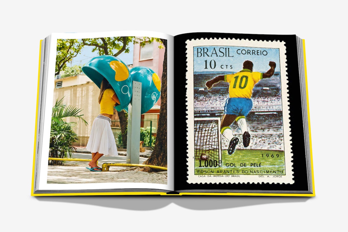 Open book from Assouline’s "Rio De Janeiro": left page shows a woman at a public phone; right features a Brazilian stamp of soccer star Pelé with Christ the Redeemer overlooking Rio.
