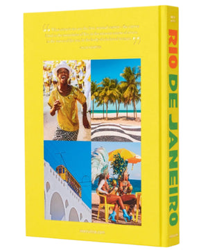 Assouline's "Rio De Janeiro" book features a vibrant yellow cover adorned with four photos showcasing local scenes, from people and palm trees to a streetcar, the Arcos da Lapa, and lively glimpses of Copacabana.
