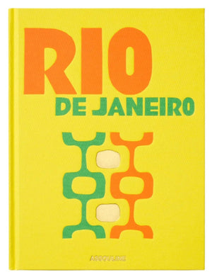The Assouline Rio De Janeiro book features a yellow cover with bold orange and green lettering and abstract geometric shapes, capturing the vivid energy of Carnival.