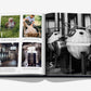 An open book, Robertet: From Seed to Scent by Assouline, displays five numbered photos showing people at work with industrial machines and natural ingredients, illustrating the fragrance-making process.