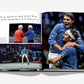 An open book, titled "Federer" by Assouline, showcases a visual biography of the tennis legend. On the right page, two players are celebrating, while a player is serving on the left. Handwritten notes enhance these images, capturing iconic moments that echo Roger Federer's illustrious career.