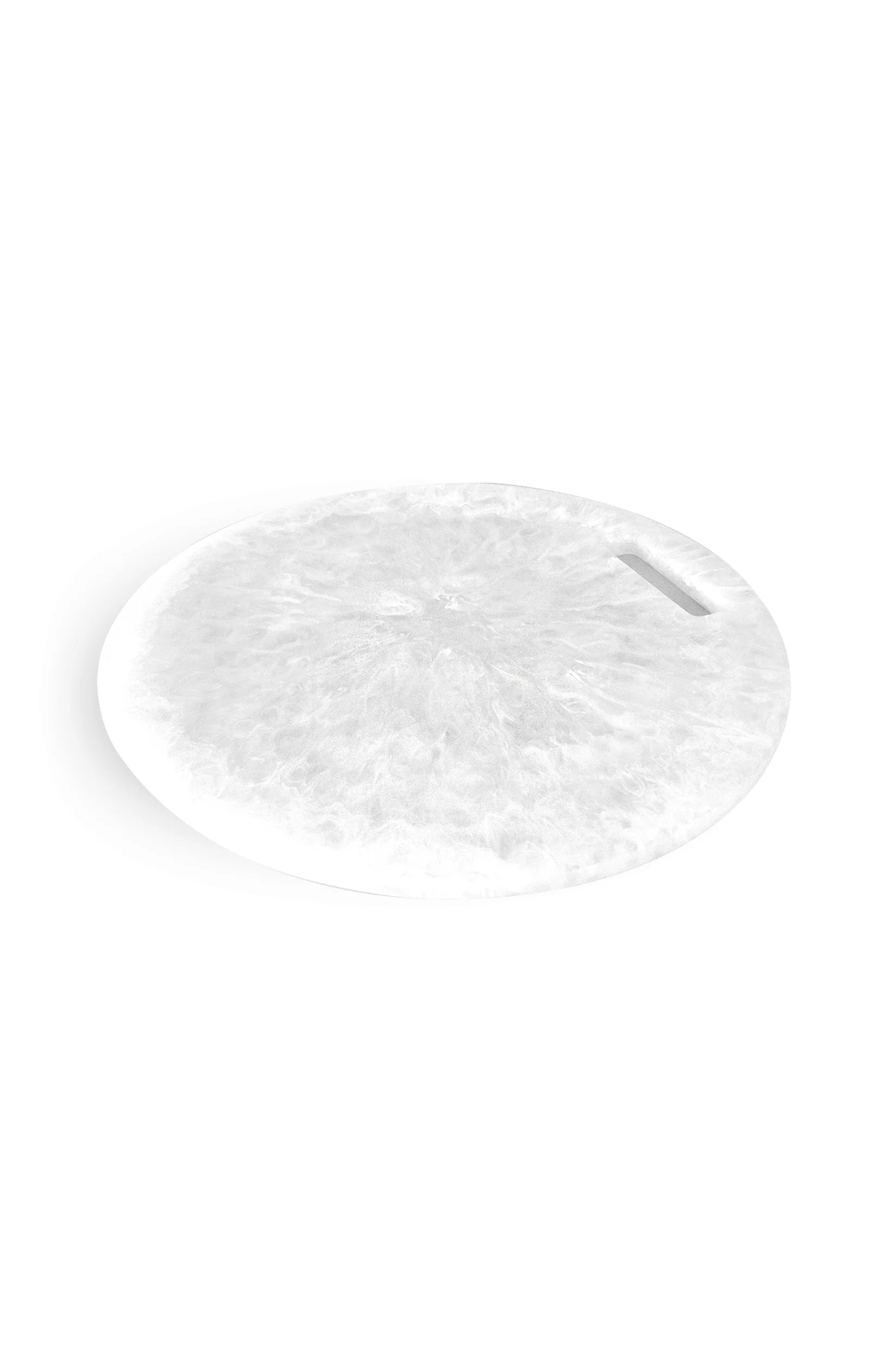 The Nashi Home White Swirl Resin Serveware Collection features a round, flat serve board with a small rectangular cutout, shown on a white background—a stylish addition to elevate your home decor.