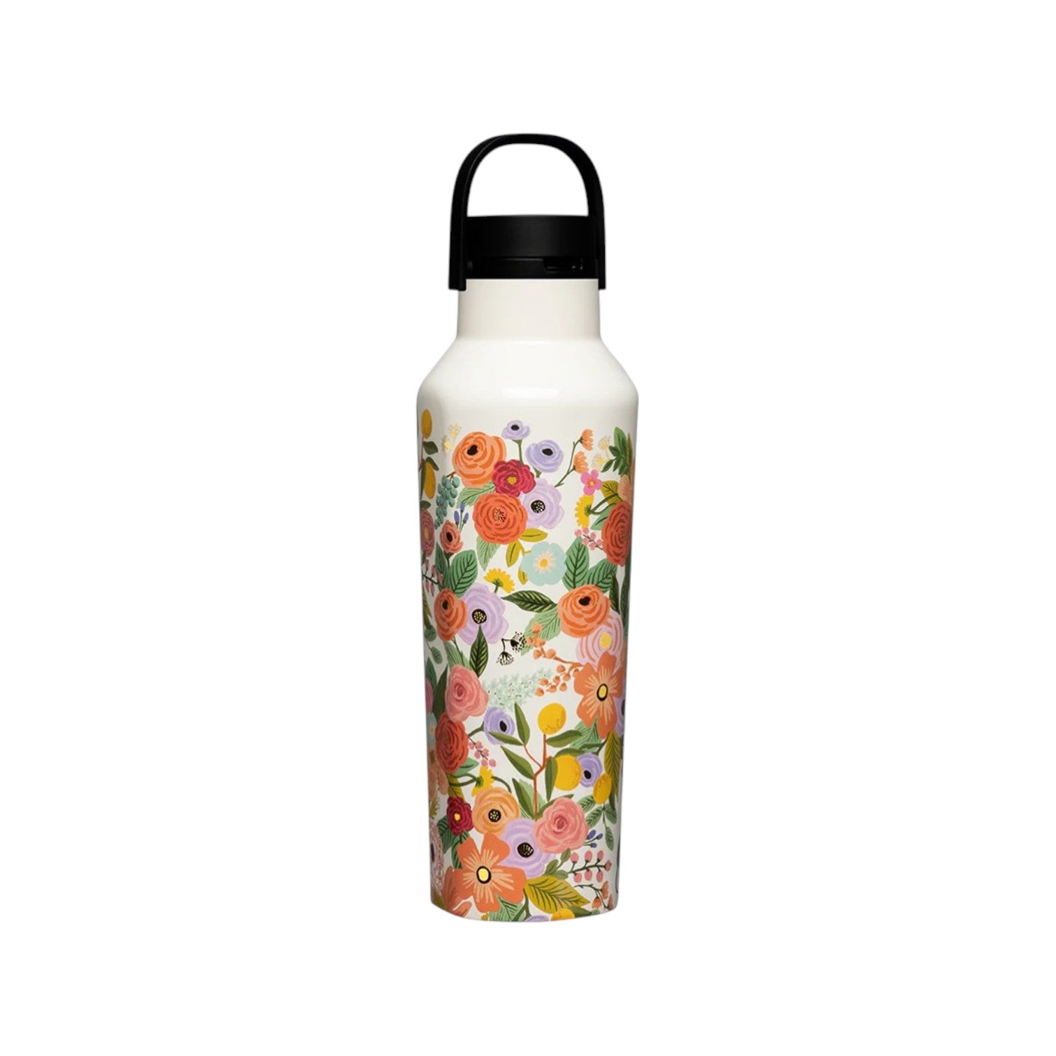 A white insulated water bottle from Rifle Paper Co.'s Garden Party Drinkware Collection features colorful hand-drawn floral designs and a black lid handle, shown against a plain white background.