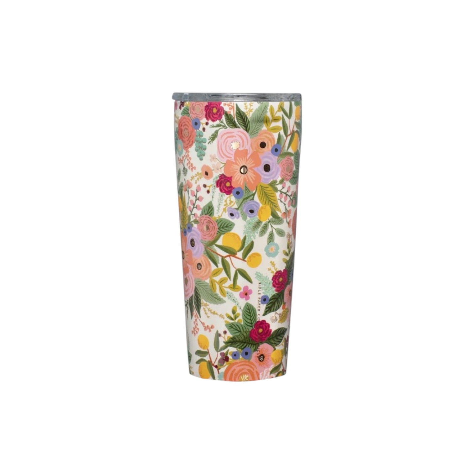 This tall insulated tumbler from Rifle Paper Co.'s Garden Party Drinkware Collection features a silver lid and vibrant floral motifs on a white background.
