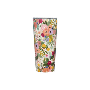 This tall insulated tumbler from Rifle Paper Co.'s Garden Party Drinkware Collection features a silver lid and vibrant floral motifs on a white background.