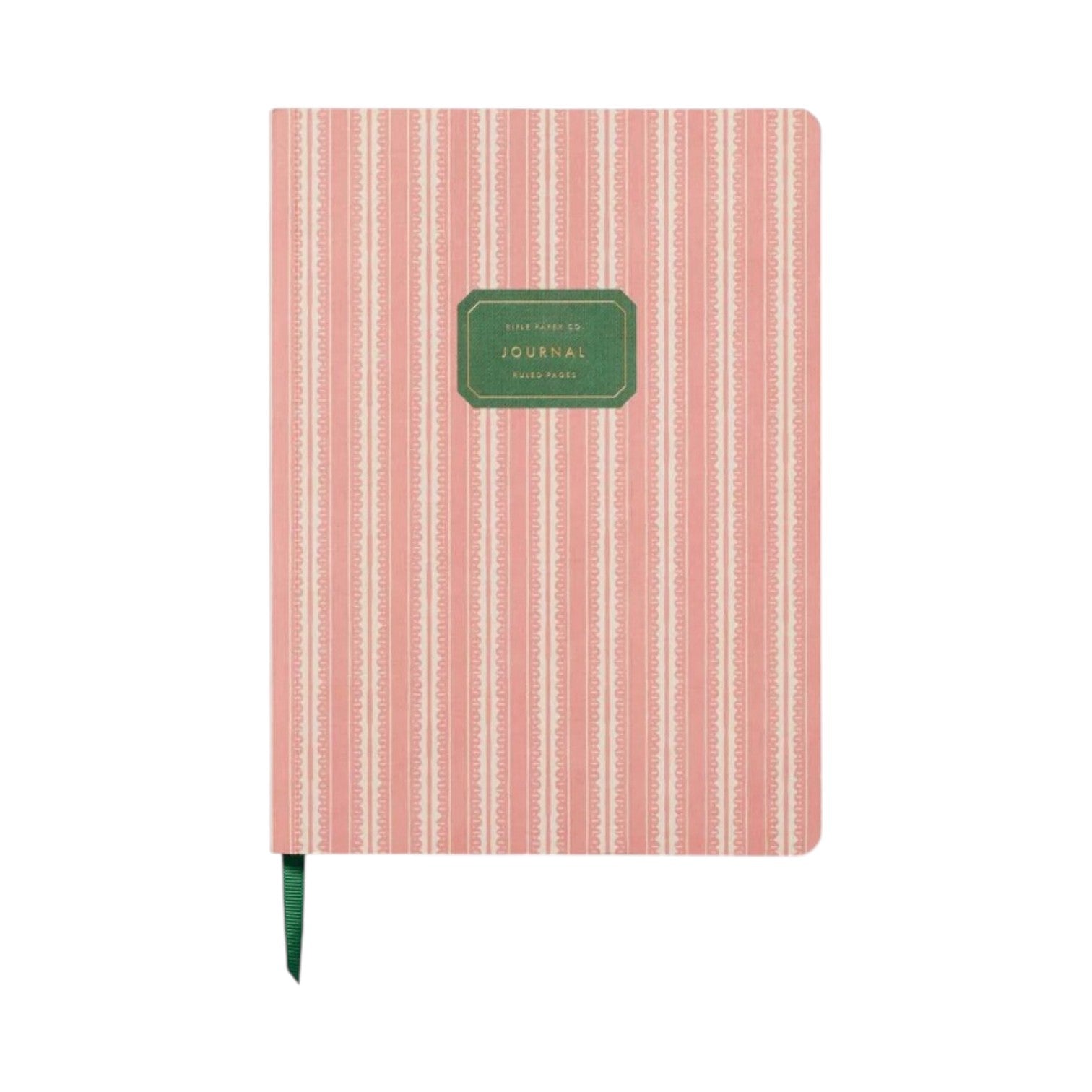 The Rifle Paper Co. Pinking Stripe Softcover Journal features lined pages, pink and white vertical stripes, a green cover label, and a green ribbon bookmark.