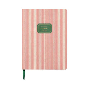 The Rifle Paper Co. Pinking Stripe Softcover Journal features lined pages, pink and white vertical stripes, a green cover label, and a green ribbon bookmark.