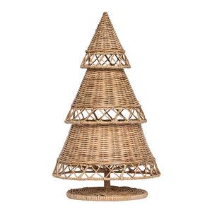 The Provence Holiday Rattan Tree Collection by Juliska features woven wicker trees with a layered, conical design on a circular base—ideal for bringing artisan craftsmanship and rustic charm to your holiday décor.