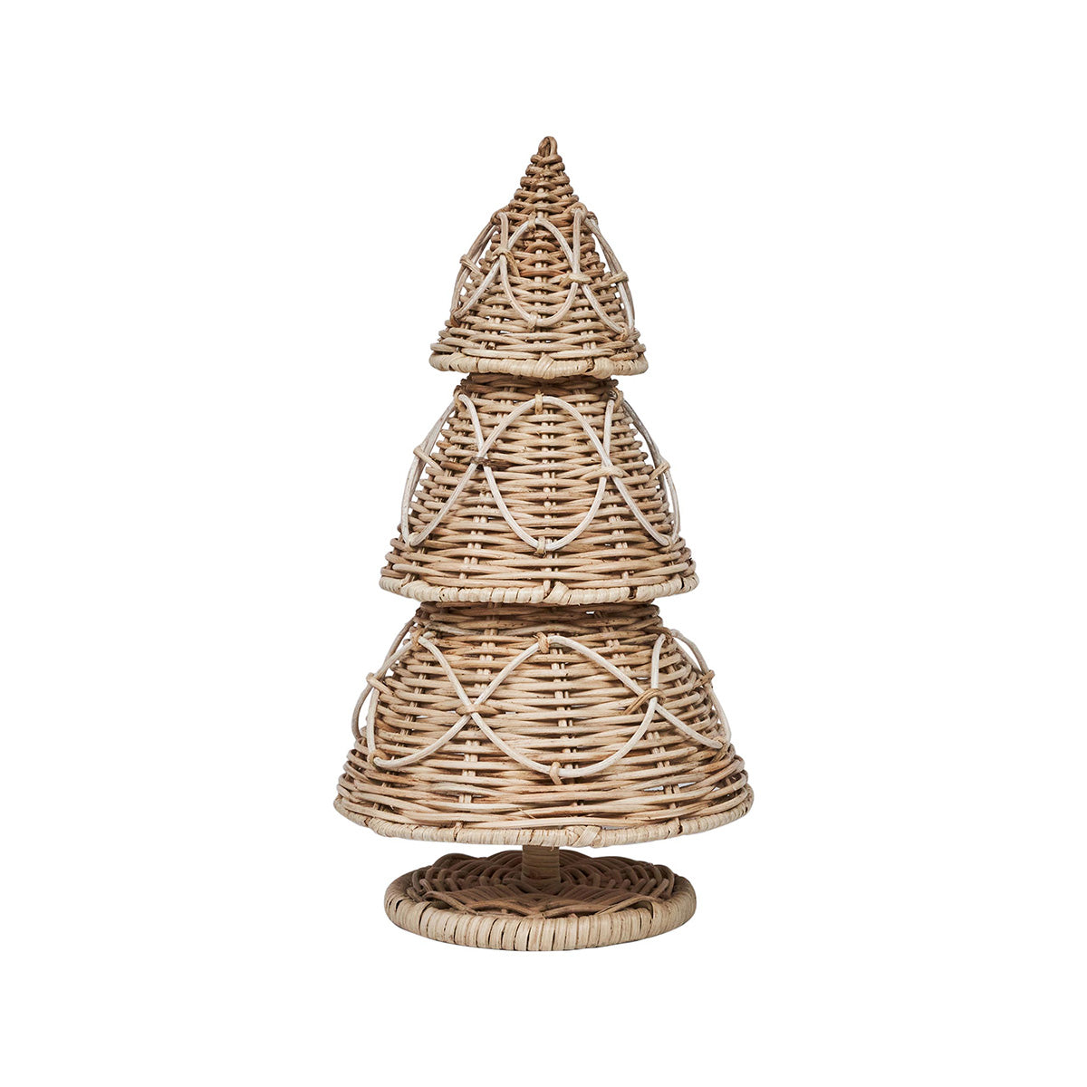The Provence Holiday Rattan Tree Collection by Juliska features a three-tiered woven rattan Christmas tree with white accents—an artisan-crafted piece perfect for bringing rustic holiday charm to your décor.