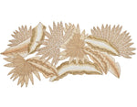 The Kim Seybert Java Table Runner features a beige and gold embroidered leaf pattern with intricate designs on a white background, crafted from natural materials.