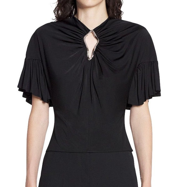 A black viscose jersey top with ruffled sleeves and a Lanvin eyelet neckline detail.