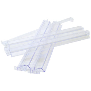 Four Oh My Mahjong Clear Acrylic Rack and Pusher Sets are stacked in a slightly overlapping arrangement on a white background, resembling the racks used in classic Mahjong tile games.