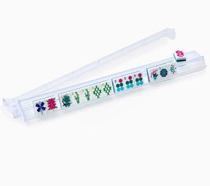 The Oh My Mahjong Clear Acrylic Rack and Pusher Set holds ten tiles and a dice, each featuring classic designs—an essential accessory for any tile game lover.