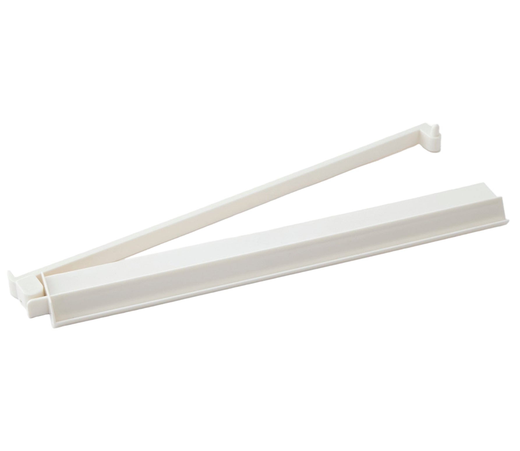 Two white plastic bag sealing sticks with a hinged design are shown, making them useful Mahjong accessories to pair with the Acrylic Mahjong Rack and Pusher Set by Oh My Mahjong.