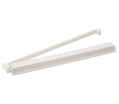 Two white plastic bag sealing sticks with a hinged design are shown, making them useful Mahjong accessories to pair with the Acrylic Mahjong Rack and Pusher Set by Oh My Mahjong.