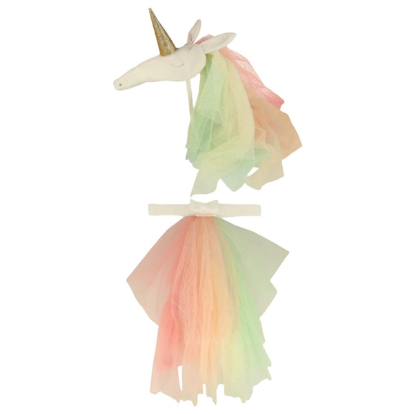 The Meri Meri Rainbow Unicorn Costume by Meri Meri includes a headband adorned with a golden horn and a rainbow tulle mane, along with a vibrant multicolored tulle skirt, perfect for imaginative play.