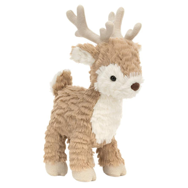 Introducing the Jellycat Mitzi Reindeer Medium, a plush toy by Jellycat featuring soft beige fur, charming white accents, and whimsical butterscotch antlers.