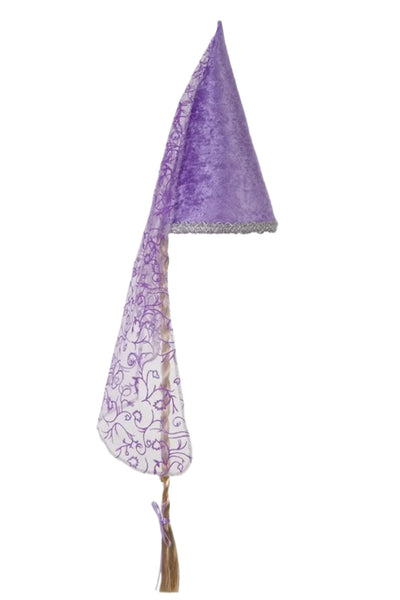 The Great Pretenders Lilac Rapunzel Hat by Great Pretenders features a tall medieval-style design in purple and silver, complete with a pointed top, an attached sheer glitter-printed tulle veil, and a long blonde braid reminiscent of Rapunzel.