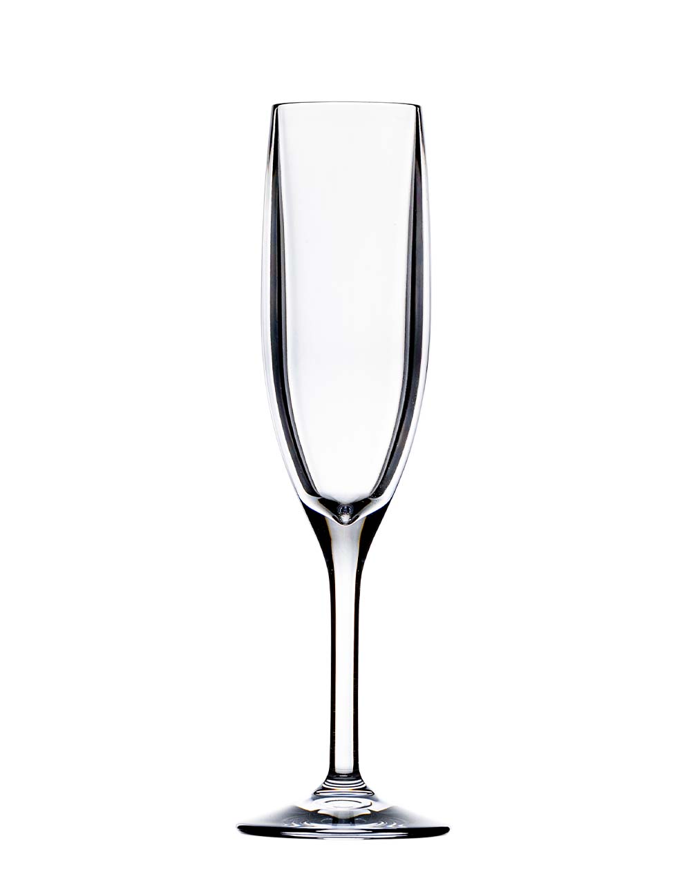 A clear, empty champagne flute with a long stem and narrow bowl from the Revel Acrylic Drinkware Collection by Bold, crafted from premium polycarbonate, shown against a white background.