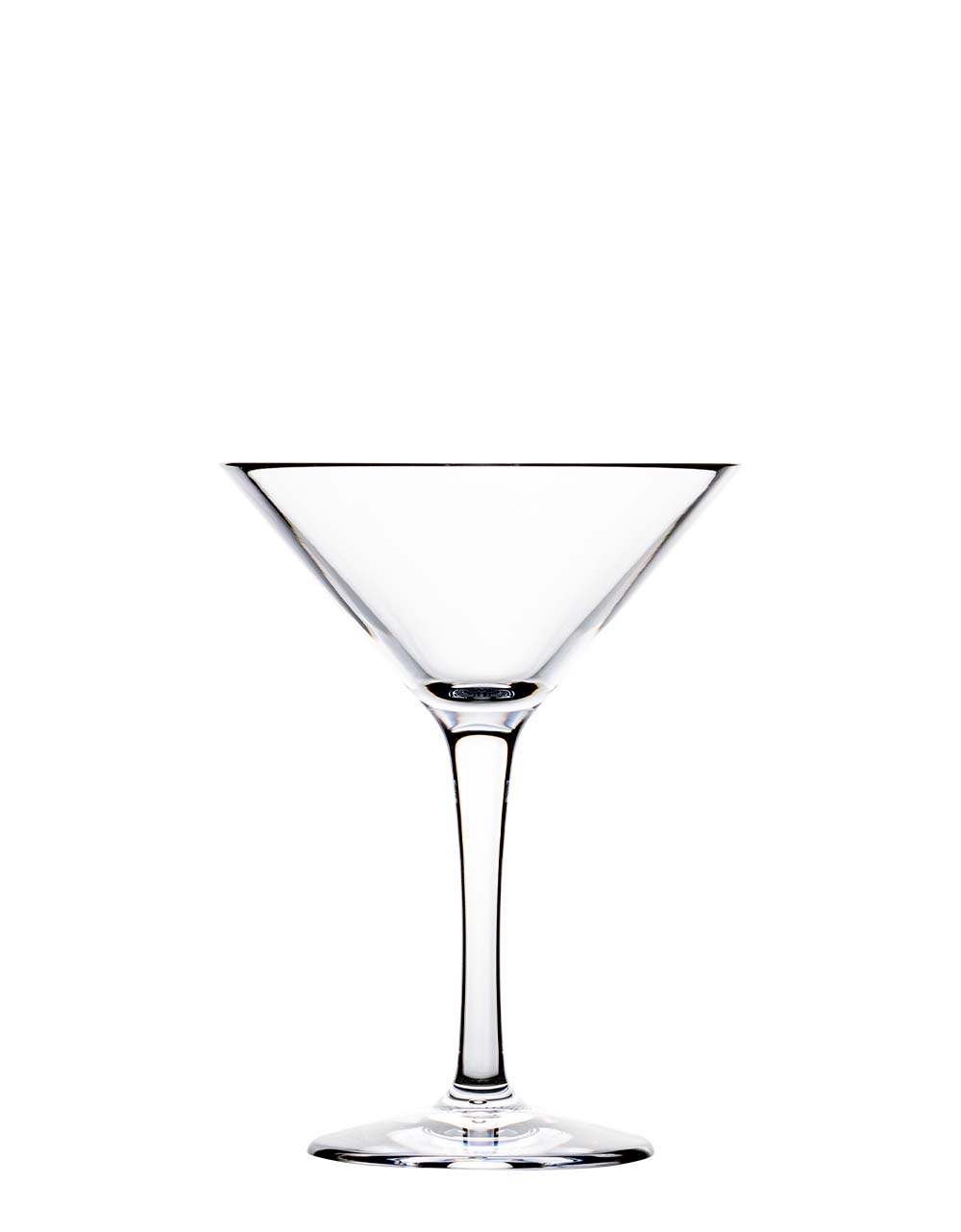 A clear, empty martini glass with a wide rim and long stem from the Revel Acrylic Drinkware Collection by Bold is centered on a white background.