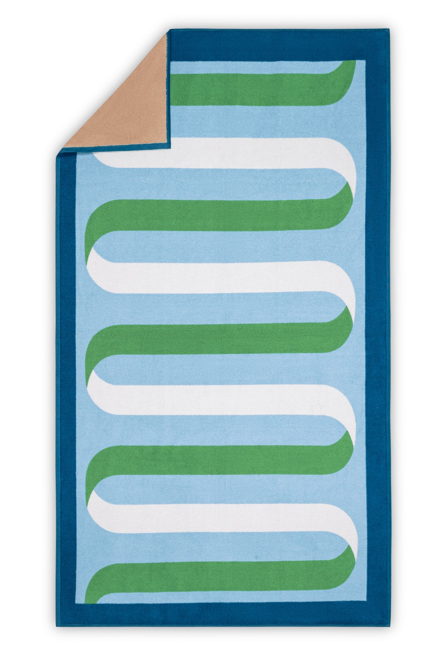 The Matouk Ribbon Beach Towel features a rectangular design with a blue border, light blue background, green and white wavy lines, and a tan cotton terry underside visible at the top left corner.
