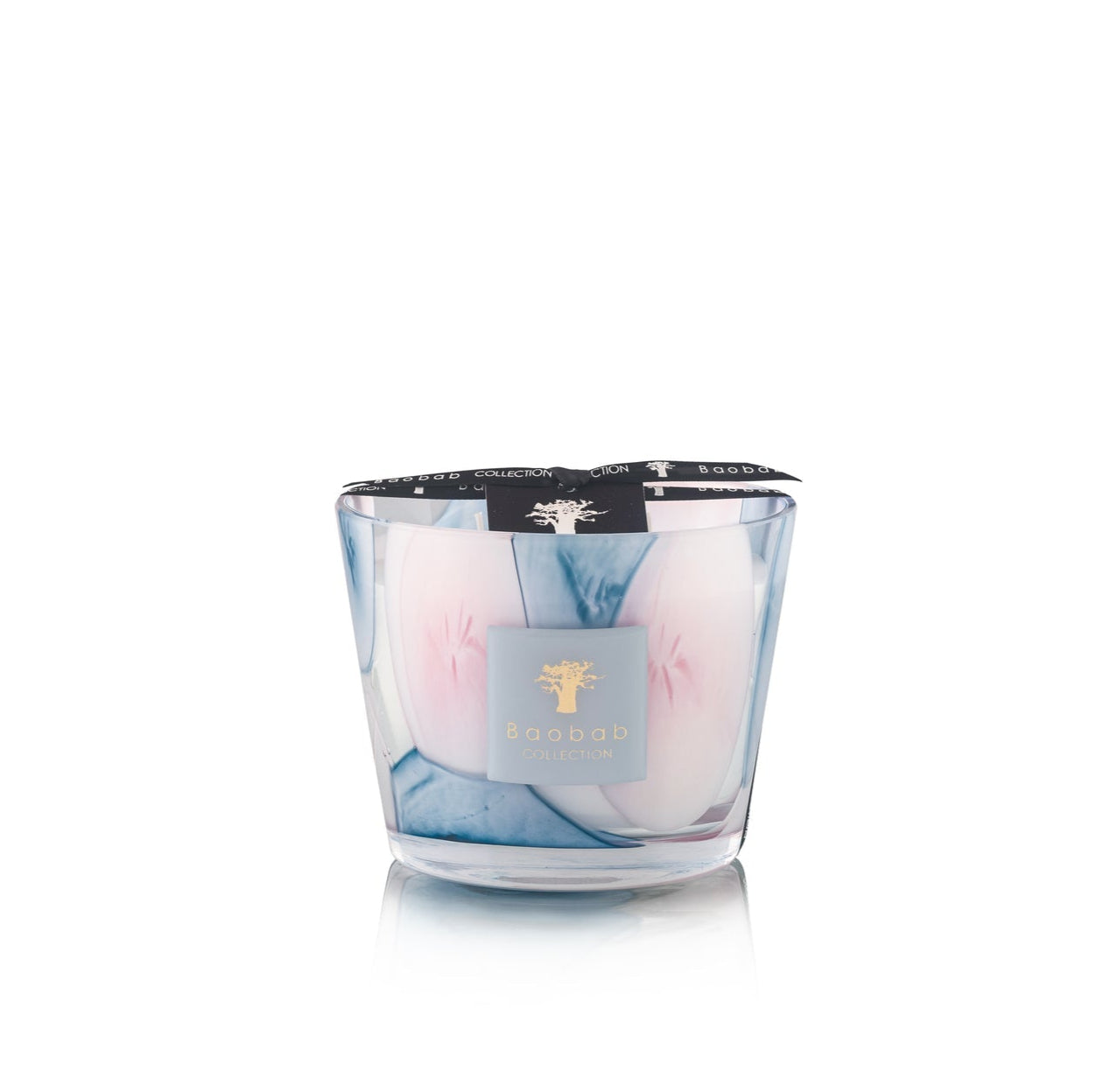 The Baobab Collection Riviera Leopolda Candle features blue and pink marbled wax in a glass holder, topped with a black branded lid, inspired by Baobab’s signature glass-making style.