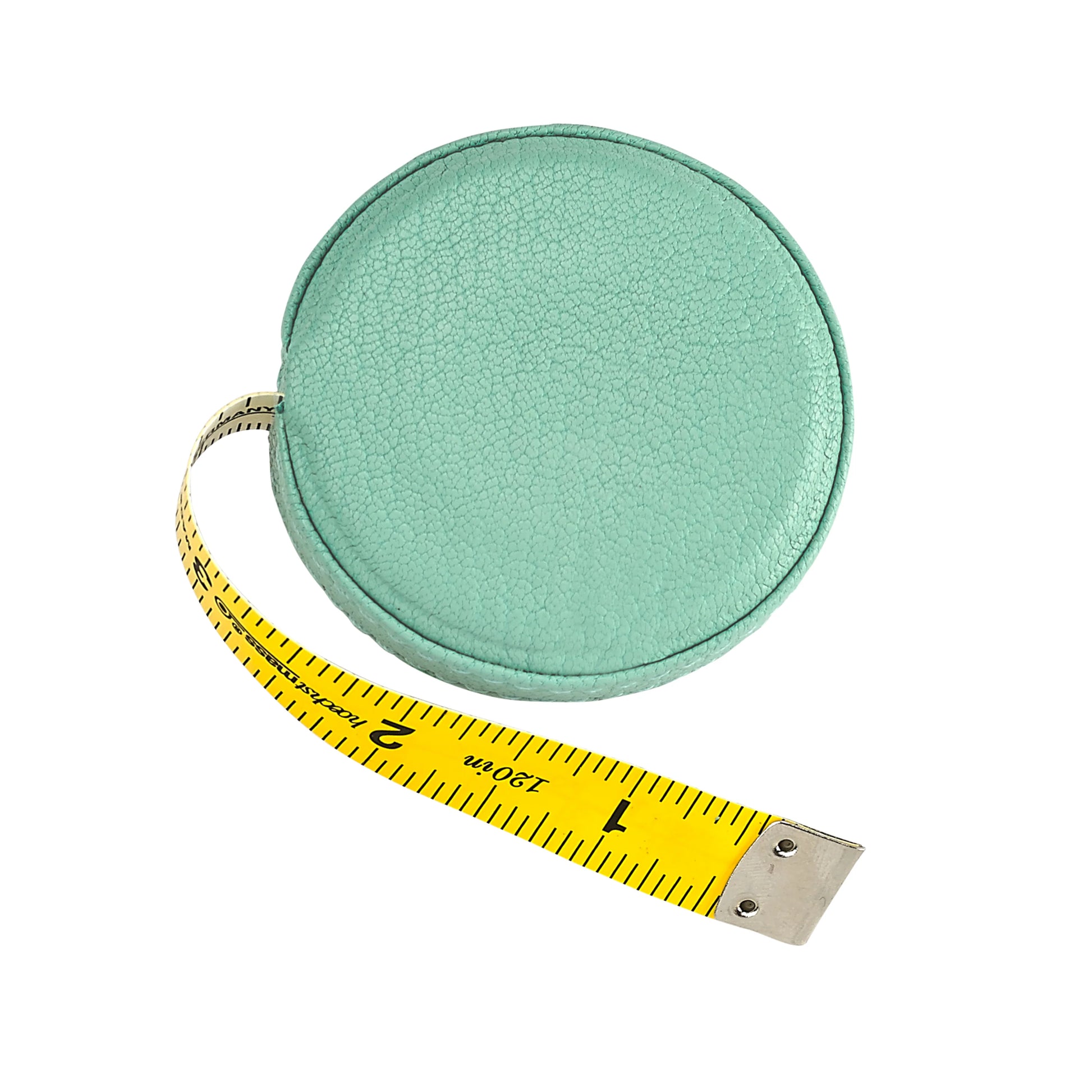 The Graphic Image Leather Tape Measure features a round, mint green case with a yellow tape partially extended, showing measurements in inches—ideal for sewing or crafting projects.