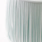 Close-up of the Shirred Robins Egg Blue Drum Shade by Sorella Glenn, featuring shirred pleats, a double-layered trim, and visible metal supports at the top.