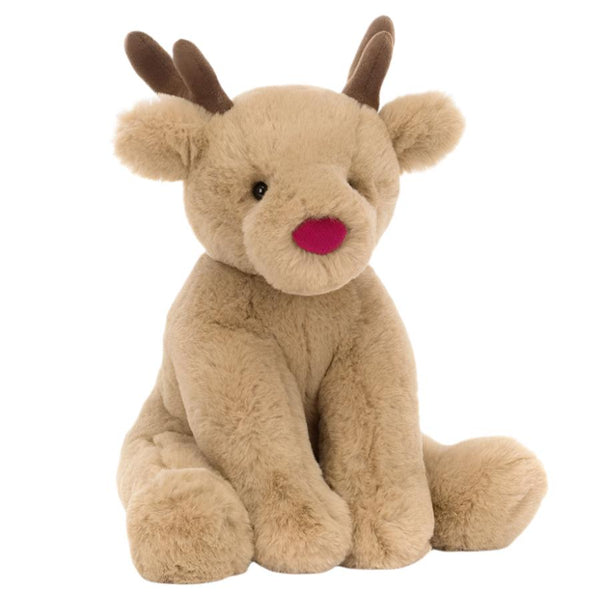 Introducing the Jellycat Romi Reindeer, an ideal Christmas companion! This delightful plush toy, featuring charming brown antlers and a vibrant red nose, sits merrily upright against a white backdrop, exuding holiday cheer.