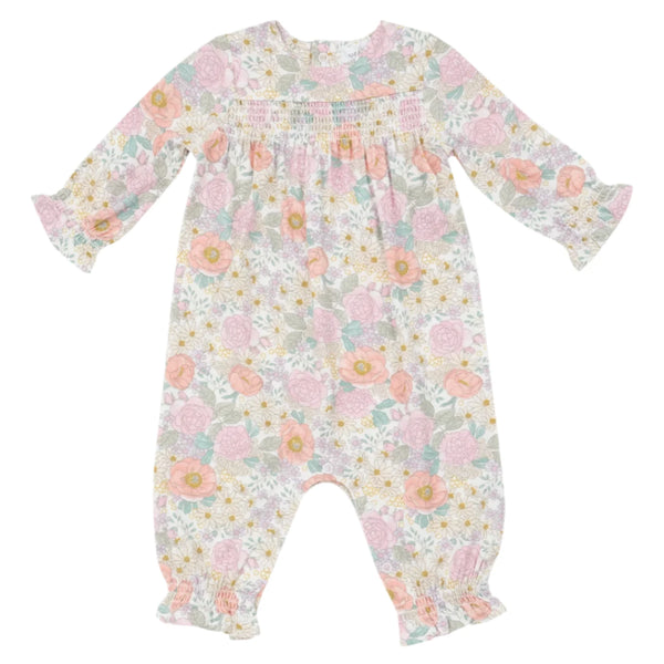 Angel Dear presents the Peonies and Roses Smocked Romper, showcasing a floral pattern in shades of pink, orange, and white. This baby romper features long sleeves and ruffled cuffs, crafted from soft bamboo viscose for ultimate style and comfort for your little one.