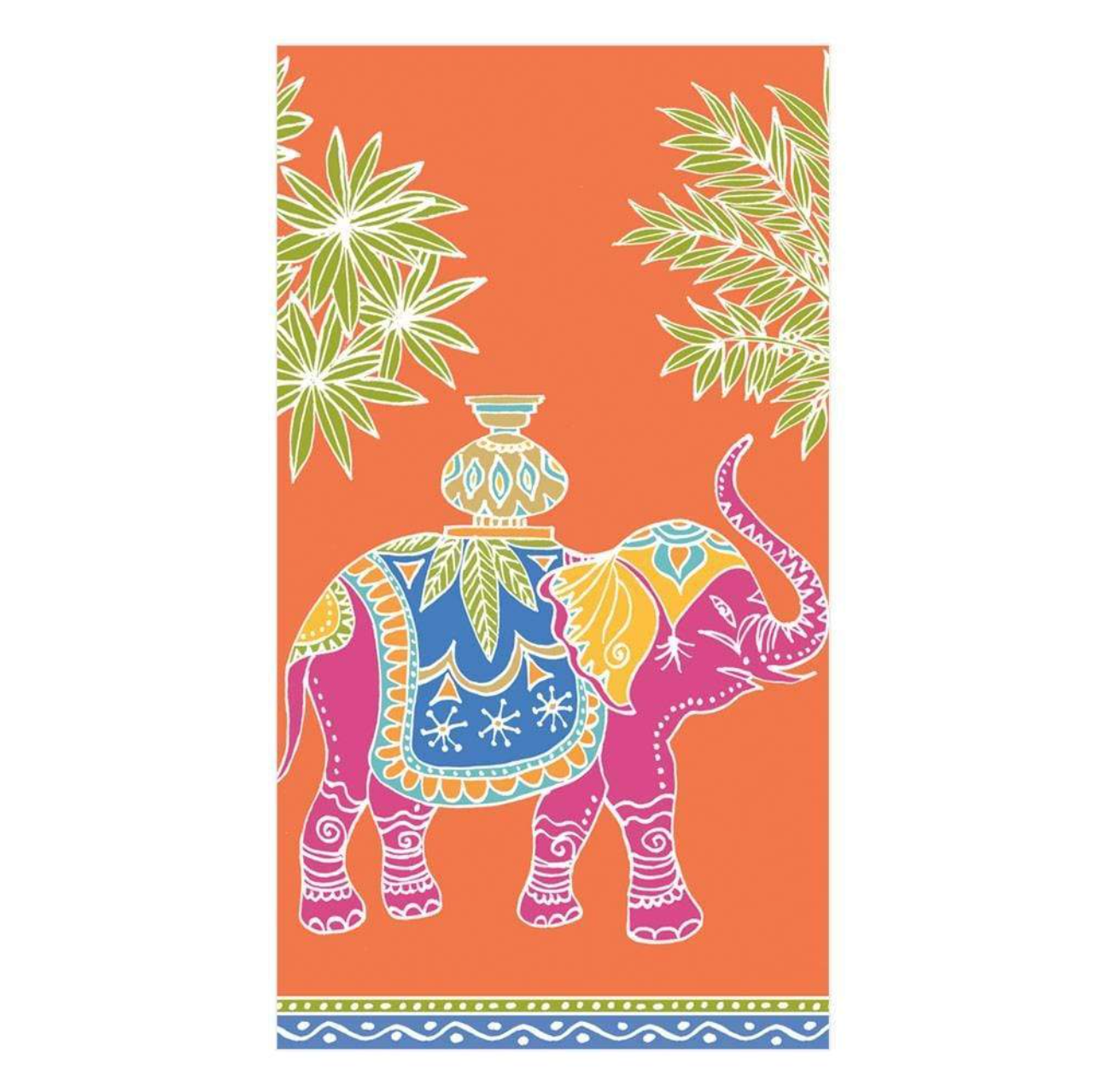 The Royal Elephant Orange Collection by Caspari features a decorated pink elephant with a blue and yellow saddle beneath green branches on an orange background—perfect for eco-friendly, biodegradable napkins.