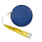 The Graphic Image Leather Tape Measure is a round, blue leather tool ideal for sewing or crafting, featuring a yellow tape marked in inches and centimeters.