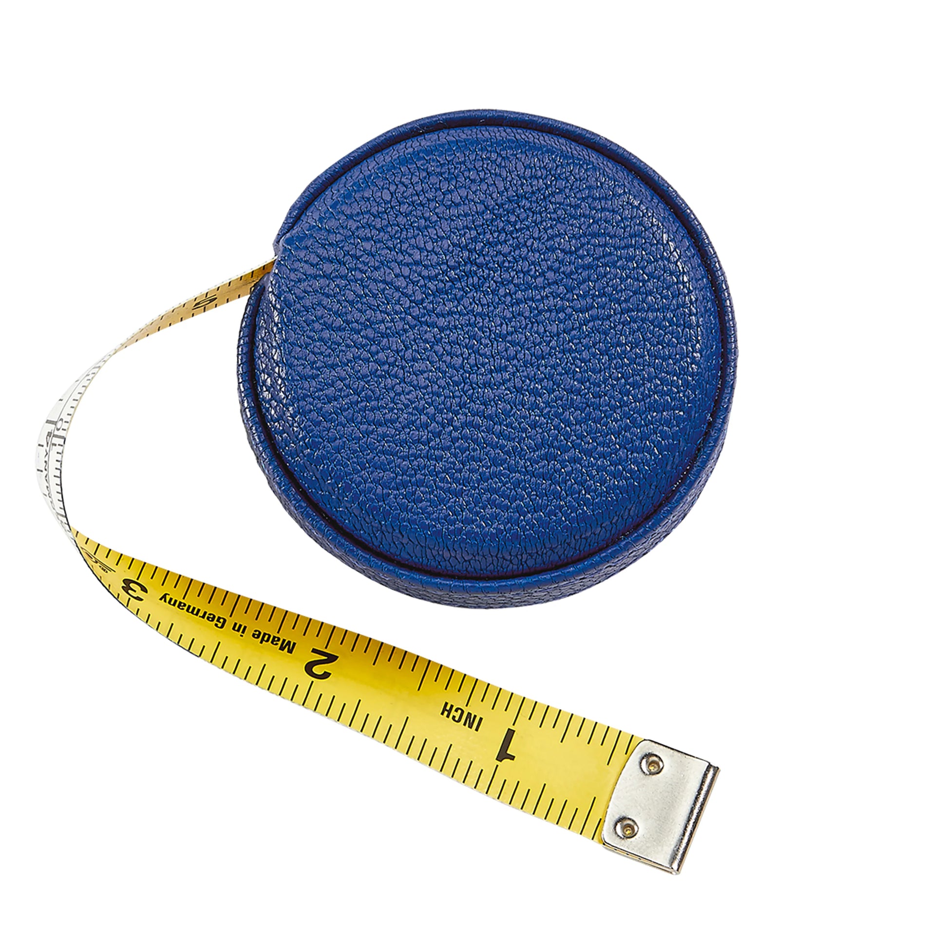 The Graphic Image Leather Tape Measure is a round, blue leather tool ideal for sewing or crafting, featuring a yellow tape marked in inches and centimeters.