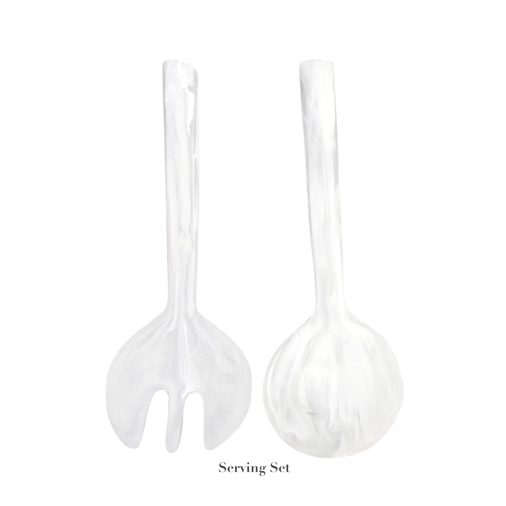 The Nashi Home White Resin Serveware Collection features a two-piece set with glossy white utensils—one forked, one spoon-like—offering an elegant touch to your home decor.