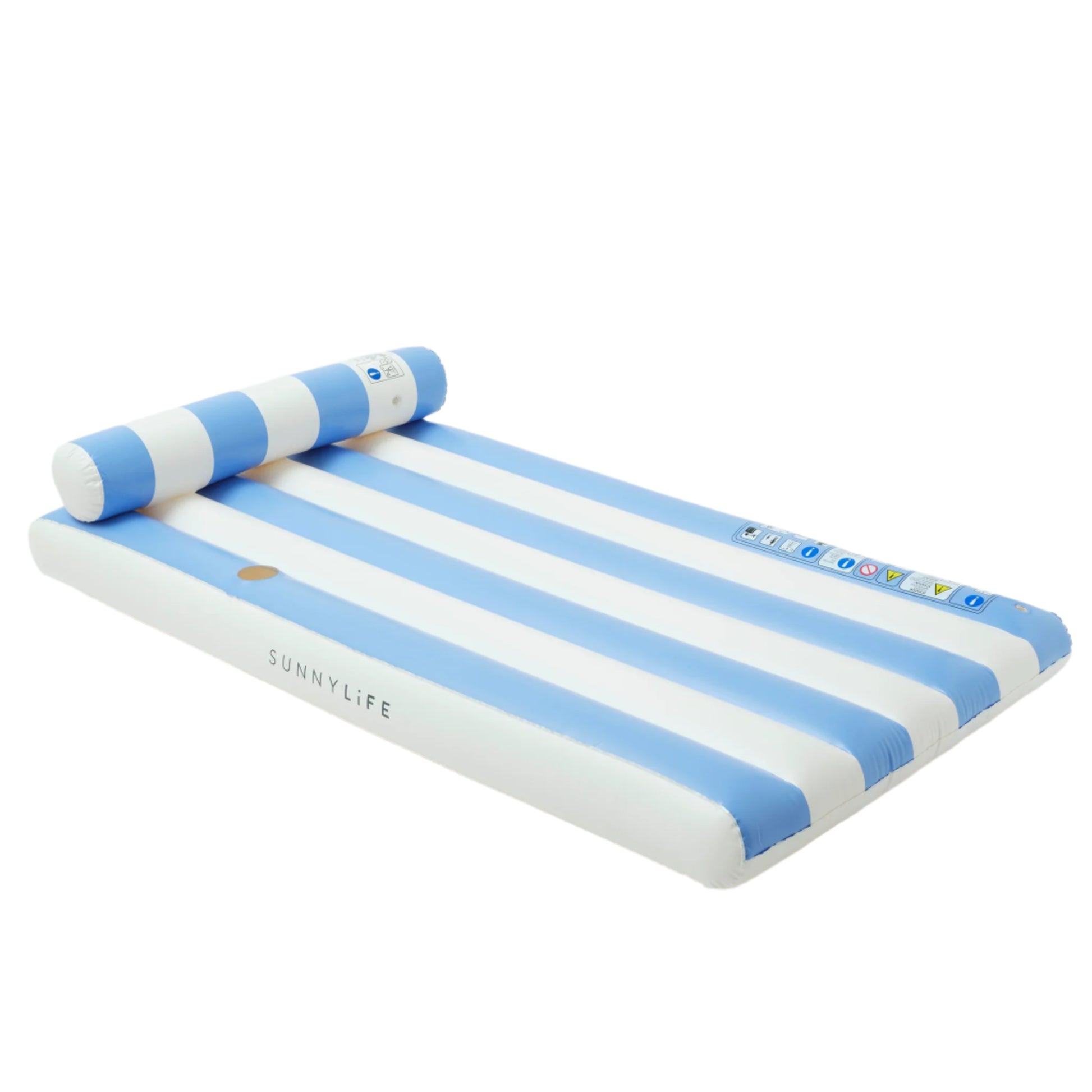 The Sunnylife Luxe Lilo Blue Stripe is a blue and white striped inflatable pool lounger with a built-in pillow, ideal for Australia summer style, shown on a white background.