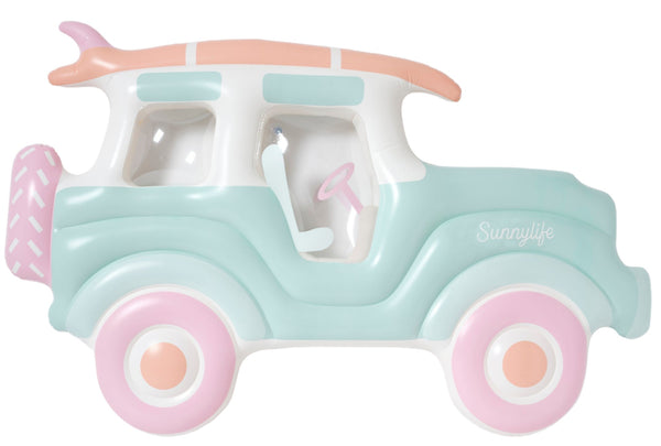The Sunnylife Luxe Lie-On Float, Beach Buggy is designed to look like a pastel-colored vintage car with a surfboard on top, featuring pink, mint green, and peach accents. Made from phthalate-free PVC, this Lie-On Float has the word "Sunnylife" printed on the side for added flair.