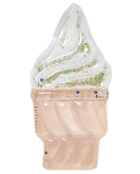 An inflatable pool float in the shape of a soft-serve ice cream cone with a sprinkles design on top, perfect for a pool party. The Sunnylife Luxe Lie-On Float, Ice Cream Sunday Multi is labeled "Sunnylife" on the cone portion.