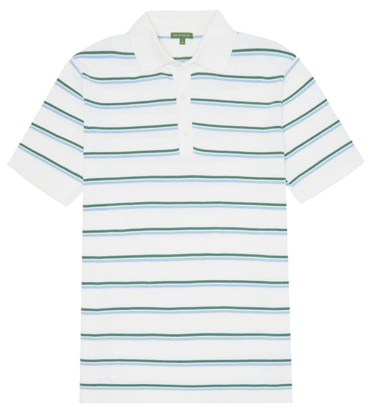 A Sid Mashburn Rally Cotton Polo in white with horizontal teal stripes, displayed flat with a buttoned placket and a collar.
