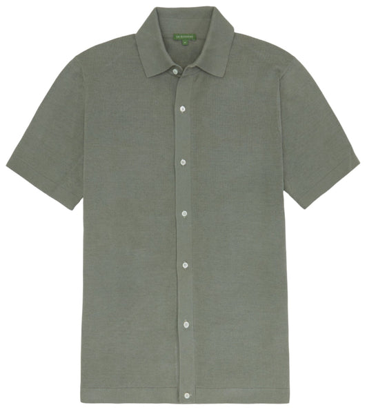 Button-up green Sid Mashburn Full-Placket Sweater with short sleeves and a collar, displayed on a plain background, crafted from high-twist cotton.