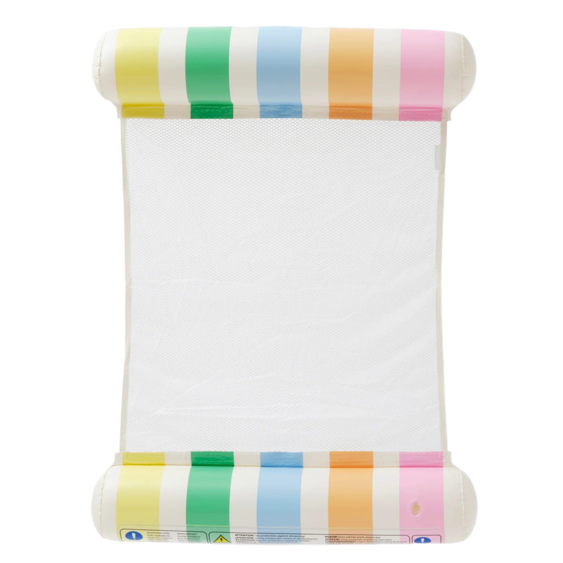 The Sunnylife Poolside Hammock Float Pastel Gelato features multicolored stripes on both ends and a white mesh center, capturing Australia's vibrant summer style. Photographed on a white background.