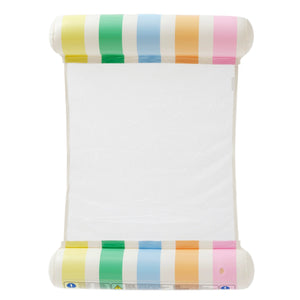 The Sunnylife Poolside Hammock Float Pastel Gelato features multicolored stripes on both ends and a white mesh center, capturing Australia's vibrant summer style. Photographed on a white background.
