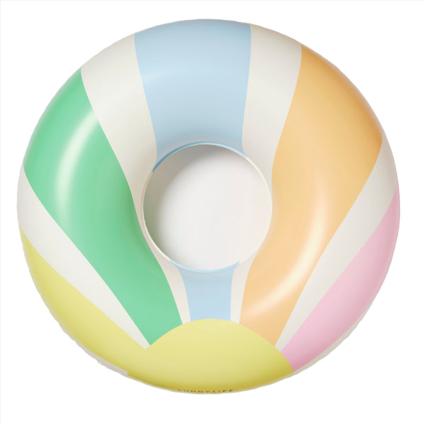 Top view of a Sunnylife Poolside Tube Float, Pastel Gelato by Sunnylife with sections of green, yellow, blue, pink, and orange—a true retro classic for beach days.