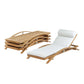 On the left, three stacked Summit Furniture Sundeck Stacking Adjustable Chaises; on the right, one unfolded with white cushions and headrest—showcasing elegant, stackable outdoor furniture.