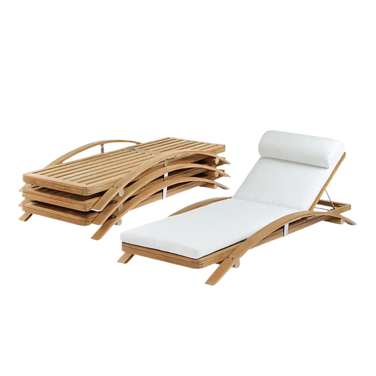 On the left, three stacked Summit Furniture Sundeck Stacking Adjustable Chaises; on the right, one unfolded with white cushions and headrest—showcasing elegant, stackable outdoor furniture.