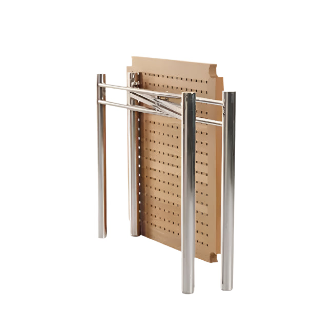 The Sundeck Folding Table by Summit Furniture features a metal frame inspired by campaign furniture, chrome legs, and a perforated rectangular wooden tabletop, shown partially folded.