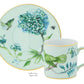 Discover the beauty of the Aquazzura Secret Garden Collection by Aquazzura Casa with this stunning floral-themed coffee cup and saucer set. Showcasing enchanting green and blue garden motifs, a bird, a butterfly, and flowers, each piece is elegantly finished with a gold trim.