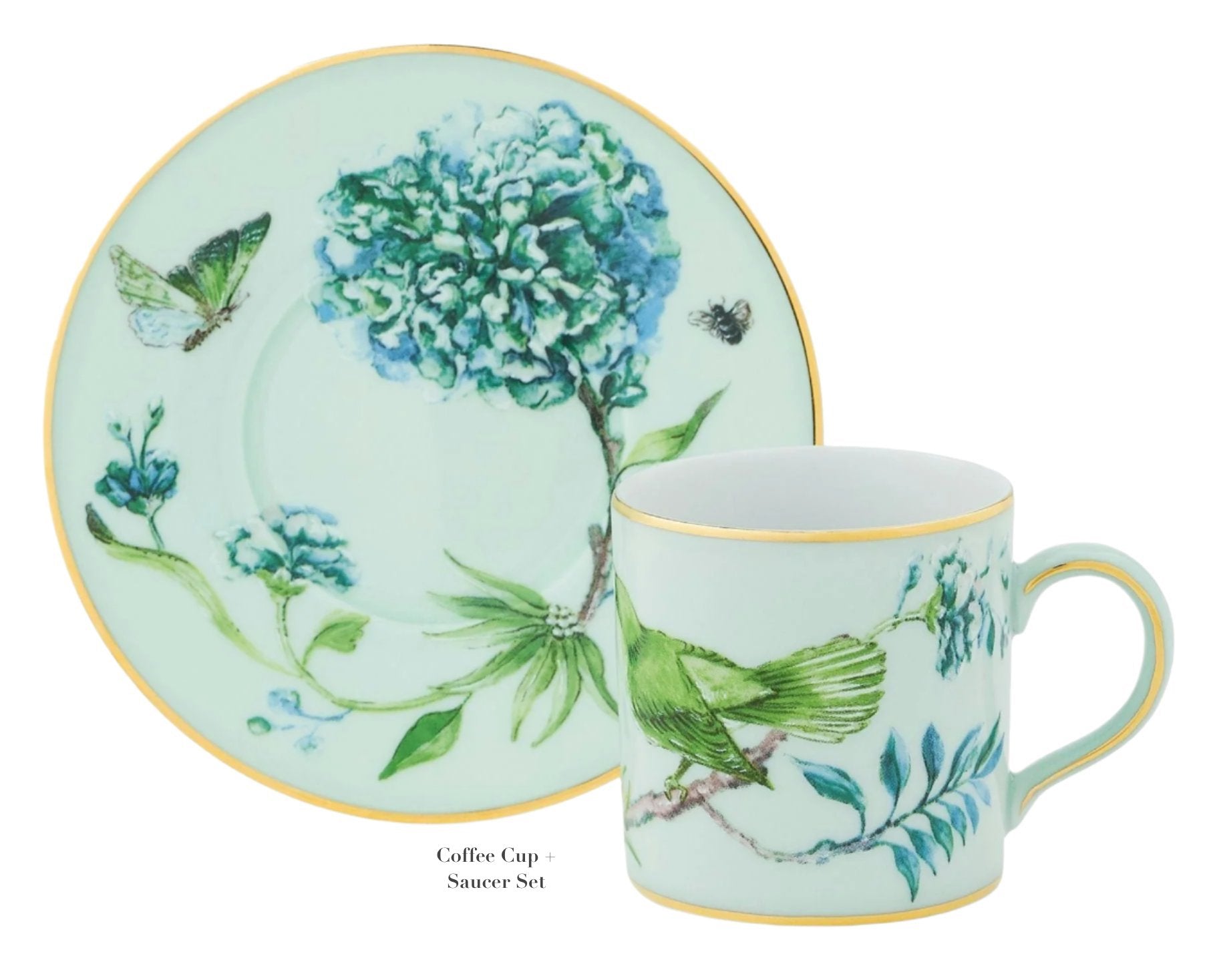 Discover the beauty of the Aquazzura Secret Garden Collection by Aquazzura Casa with this stunning floral-themed coffee cup and saucer set. Showcasing enchanting green and blue garden motifs, a bird, a butterfly, and flowers, each piece is elegantly finished with a gold trim.